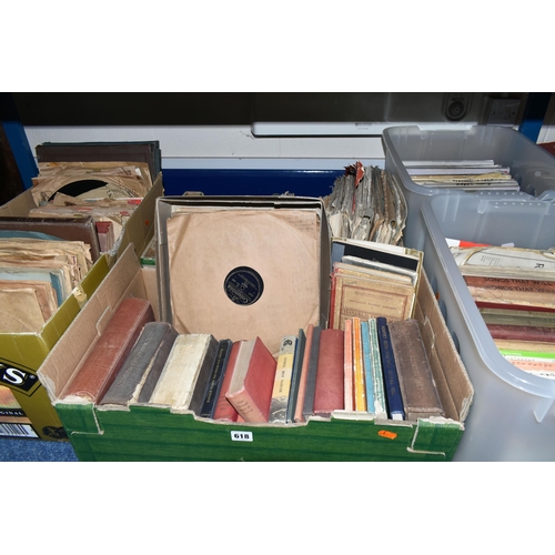 618 - SIX BOXES OF BOOKS, MUSIC SCORES & 78 RPM RECORDS, mostly from the classical, religious or film musi... 