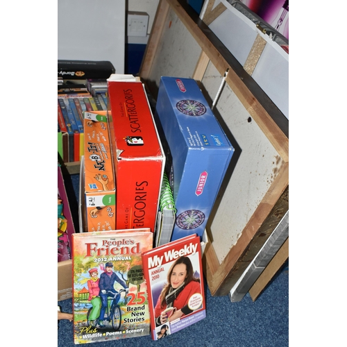 621 - SIX BOXES AND LOOSE TOYS, GAMES, DVDS, VHS TAPES, PICTURES AND SUNDRY ITEMS, to include modern McDon... 