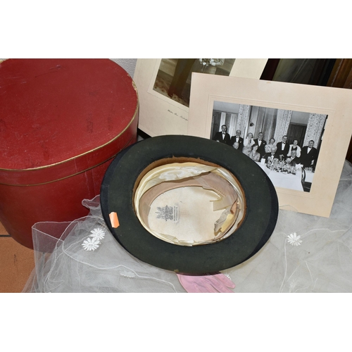 623 - A  1937 WEDDING DRESS, GLOVES AND TOP HAT WITH ORIGINAL WEDDING PHOTOGRAPHS, comprising a handmade d... 