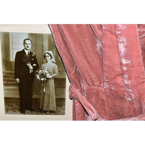 623 - A  1937 WEDDING DRESS, GLOVES AND TOP HAT WITH ORIGINAL WEDDING PHOTOGRAPHS, comprising a handmade d... 