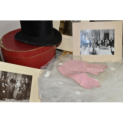 623 - A  1937 WEDDING DRESS, GLOVES AND TOP HAT WITH ORIGINAL WEDDING PHOTOGRAPHS, comprising a handmade d... 