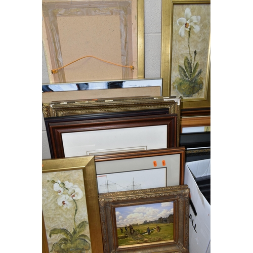 625 - A QUANTITY OF DECORATIVE PRINTS ETC, to include two Bill Waugh golfing themed prints, a Mary Stork l... 