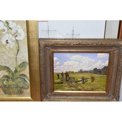 625 - A QUANTITY OF DECORATIVE PRINTS ETC, to include two Bill Waugh golfing themed prints, a Mary Stork l... 