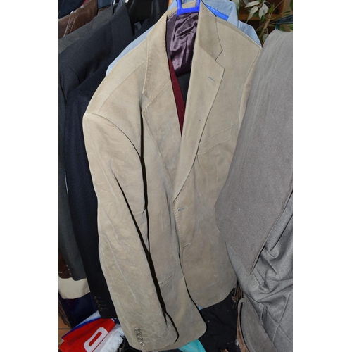 630 - A LARGE QUANTITY OF GENTLEMEN'S CLOTHING AND ACCESSORIES, to include eight suits, rain jackets, over... 