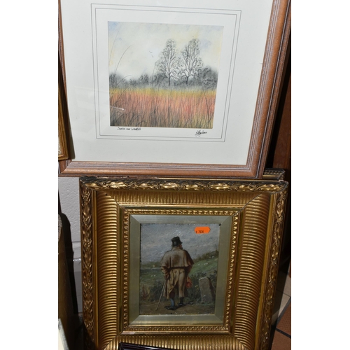 632 - A BOX OF 20TH CENTURY PAINTINGS, comprising an oil on board depicting a Victorian style male figure ... 