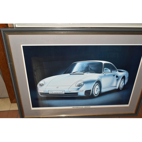 633 - A SMALL QUANTITY OF PICTURES ETC, comprising three Geoff Tristram automotive prints depicting a Pors... 