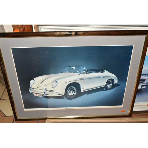 633 - A SMALL QUANTITY OF PICTURES ETC, comprising three Geoff Tristram automotive prints depicting a Pors... 