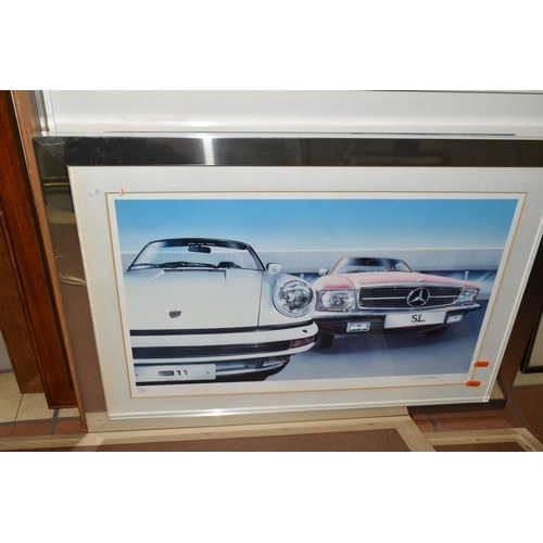 633 - A SMALL QUANTITY OF PICTURES ETC, comprising three Geoff Tristram automotive prints depicting a Pors... 