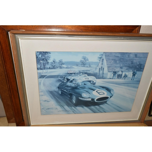 633 - A SMALL QUANTITY OF PICTURES ETC, comprising three Geoff Tristram automotive prints depicting a Pors... 