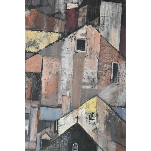 642 - JACK METSON (1905-1987) 'FISHERMEN'S CHAPEL', a cubist style study of buildings in a village, signed... 