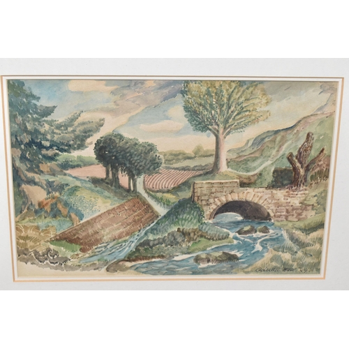 646 - ADRIAN HILL (1895-1977) A RIVER LANDSCAPE, a landscape with a stone bridge to the foreground, fields... 