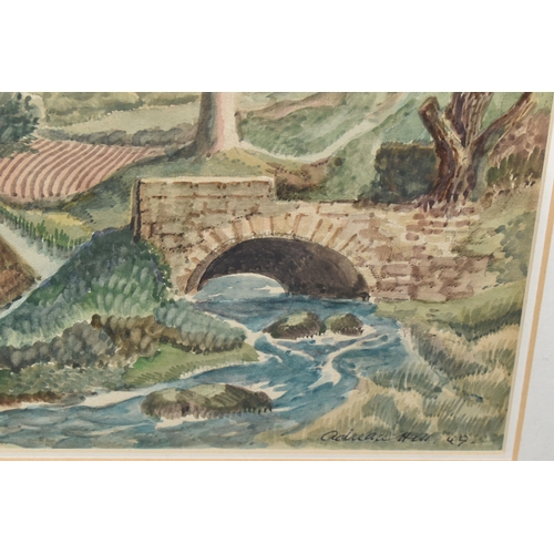 646 - ADRIAN HILL (1895-1977) A RIVER LANDSCAPE, a landscape with a stone bridge to the foreground, fields... 