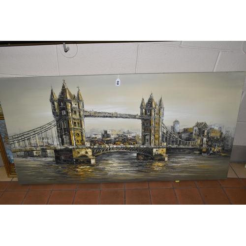 648 - THREE DECORATIVE OIL PAINTINGS, comprising an unsigned view of Tower Bridge in London, has a shop ba... 