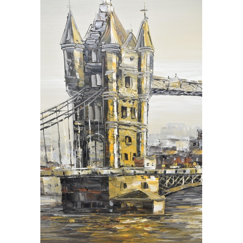 648 - THREE DECORATIVE OIL PAINTINGS, comprising an unsigned view of Tower Bridge in London, has a shop ba... 