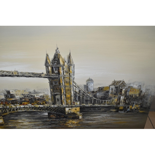 648 - THREE DECORATIVE OIL PAINTINGS, comprising an unsigned view of Tower Bridge in London, has a shop ba... 