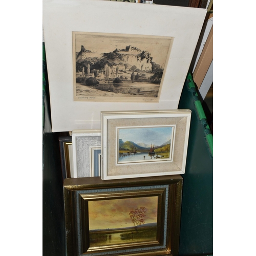 652 - A QUANTITY OF PAINTINGS AND PRINTS ETC, to include five Sam Garratt (1840-1948) signed dry point etc... 