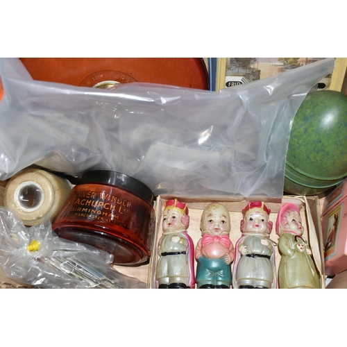 654 - A BOX OF CIGARETTE CARDS, BAKELITE AND SUNDRY ITEMS, to include four celluloid nursery rhyme figures... 