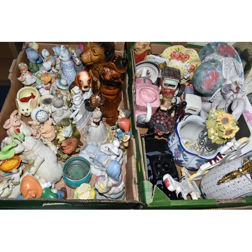 655 - THREE BOXES OF CERAMICS, GLASS AND OTHER ORNAMENTS, to include two novelty teapots in the forms of a... 