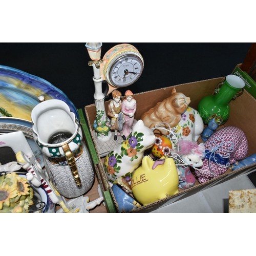 655 - THREE BOXES OF CERAMICS, GLASS AND OTHER ORNAMENTS, to include two novelty teapots in the forms of a... 