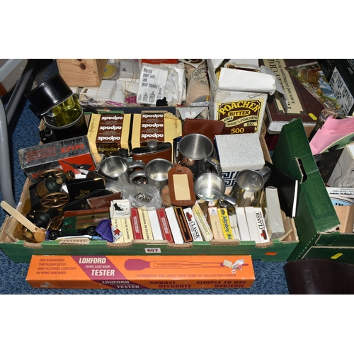 657 - THREE BOXES OF BREWERIANA AND RELATED EPHEMERA, to include a collection of beer mats, tankards inclu... 