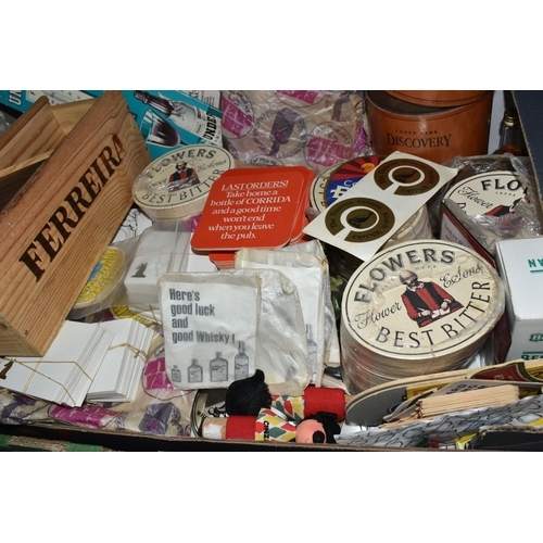 657 - THREE BOXES OF BREWERIANA AND RELATED EPHEMERA, to include a collection of beer mats, tankards inclu... 