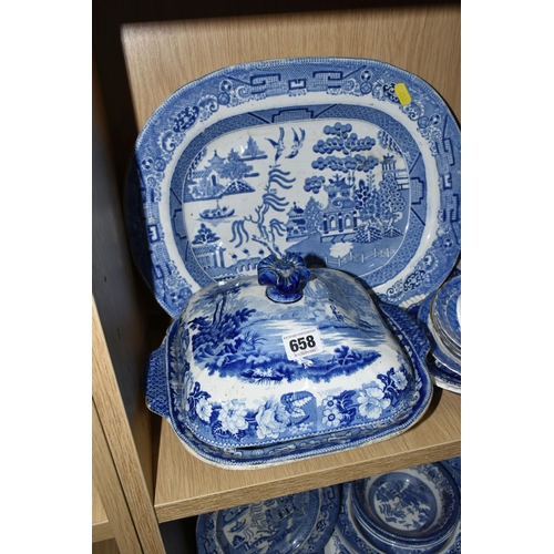 658 - A COLLECTION OF BLUE AND WHITE CERAMICS, thirty three pieces to include serving dishes, a tureen, a ... 