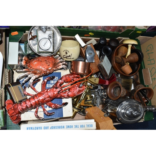 666 - FOUR BOXES OF MISCELLANEOUS SUNDRIES, to include a pair of solid brass hot & cold bath/sink taps, a ... 