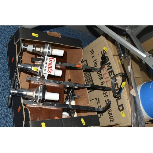 668 - SIX BOXES OF BREWERIANA, to include a quantity of optics, beer pump equipment, many are new and unus... 