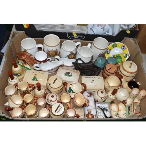 669 - SIX BOXES AND LOOSE CERAMICS, to include a collection of vintage souvenir chalkware, Royal commemora... 