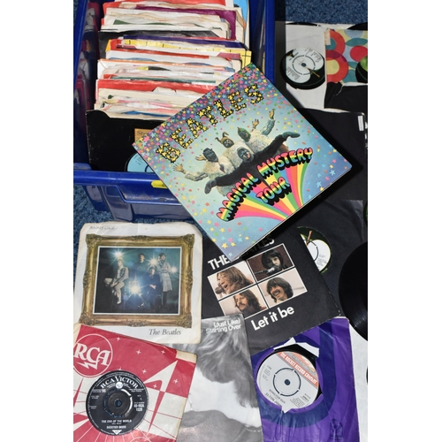 671 - ONE BOX OF SINGLE 45RPM RECORDS, approximately eighty records, artists include The Beatles 'Magical ... 