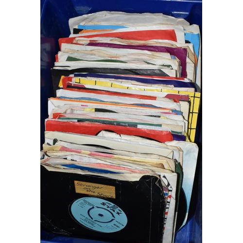 671 - ONE BOX OF SINGLE 45RPM RECORDS, approximately eighty records, artists include The Beatles 'Magical ... 