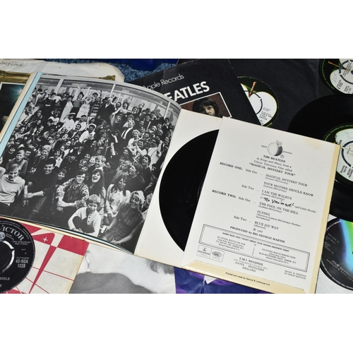 671 - ONE BOX OF SINGLE 45RPM RECORDS, approximately eighty records, artists include The Beatles 'Magical ... 