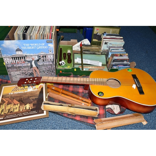 672 - TWO BOXES OF L.P RECORDS, C.D'S AND MUSICAL INSTRUMENTS, to include an acoustic guitar made by Meist... 