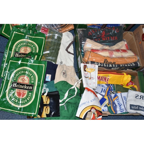 673 - BREWERIANA: THREE BOXES OF BAR TOWELS, mostly new  and unused in packaging, names include Flowers, W... 