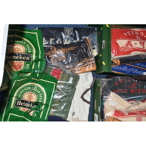 673 - BREWERIANA: THREE BOXES OF BAR TOWELS, mostly new  and unused in packaging, names include Flowers, W... 