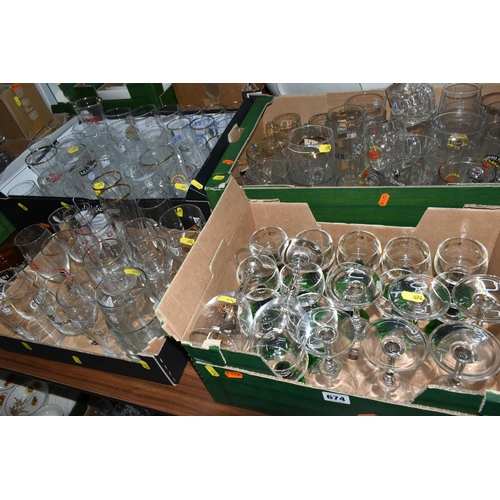 674 - BREWERIANA: SIX BOXES OF NAMED BEER GLASSES, over ninety assorted drinking glasses, names include Gu... 