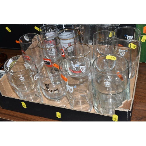 674 - BREWERIANA: SIX BOXES OF NAMED BEER GLASSES, over ninety assorted drinking glasses, names include Gu... 