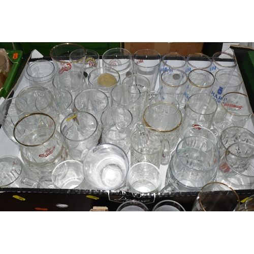 674 - BREWERIANA: SIX BOXES OF NAMED BEER GLASSES, over ninety assorted drinking glasses, names include Gu... 