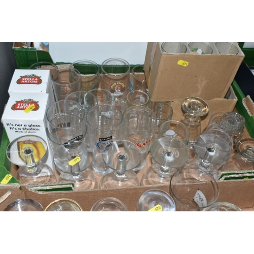 674 - BREWERIANA: SIX BOXES OF NAMED BEER GLASSES, over ninety assorted drinking glasses, names include Gu... 