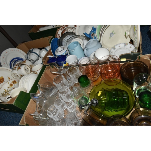 675 - THREE BOXES OF ASSORTED CERAMICS AND GLASSWARE, to include a quantity of Royal Tudor ironstone 'Popp... 