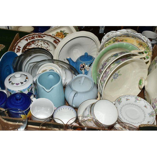 675 - THREE BOXES OF ASSORTED CERAMICS AND GLASSWARE, to include a quantity of Royal Tudor ironstone 'Popp... 