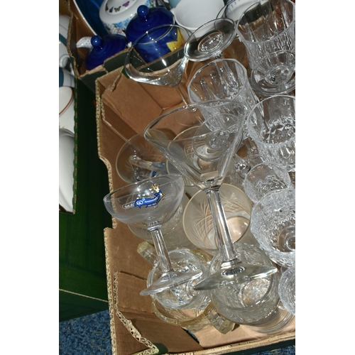 675 - THREE BOXES OF ASSORTED CERAMICS AND GLASSWARE, to include a quantity of Royal Tudor ironstone 'Popp... 