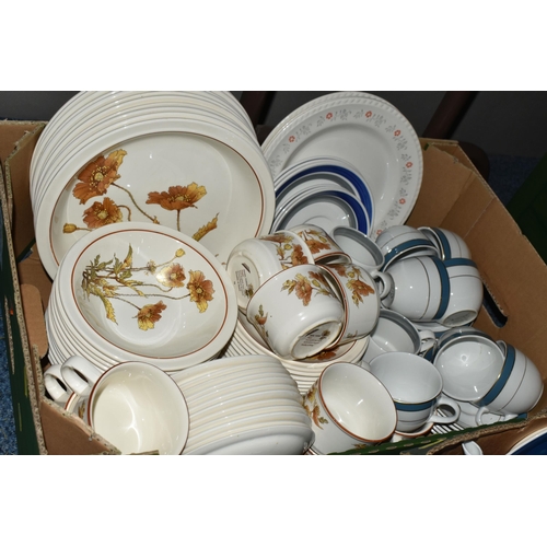 675 - THREE BOXES OF ASSORTED CERAMICS AND GLASSWARE, to include a quantity of Royal Tudor ironstone 'Popp... 