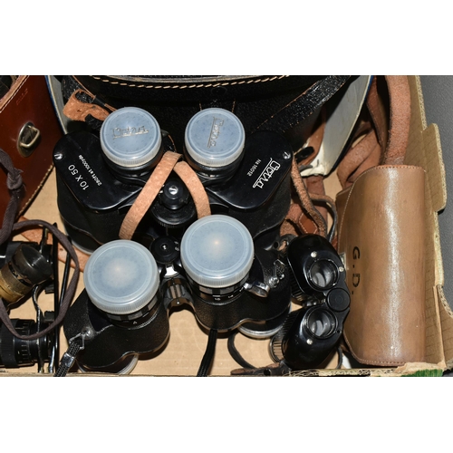 677 - ONE BOX OF BINOCULARS, to include a pair of 1960's Dolland 'Livista' 8x40, a pair of Octra 10x 50 No... 