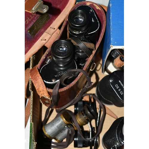 677 - ONE BOX OF BINOCULARS, to include a pair of 1960's Dolland 'Livista' 8x40, a pair of Octra 10x 50 No... 