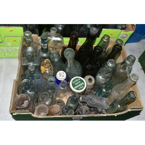 678 - TWO BOXES OF VINTAGE BOTTLES AND VULCANITE STOPPERS, to include two torpedo bottles, Codd bottles, p... 