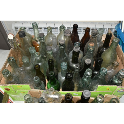 678 - TWO BOXES OF VINTAGE BOTTLES AND VULCANITE STOPPERS, to include two torpedo bottles, Codd bottles, p... 