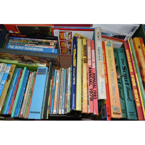 686 - FIVE BOXES OF VINTAGE BOOKS, to include three boxes of children's books / annuals, twelve volumes an... 