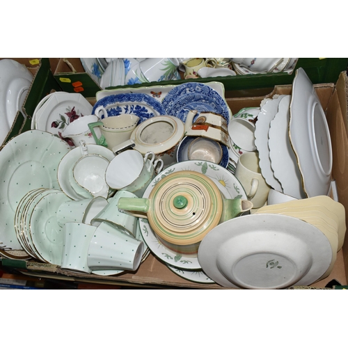 689 - FOUR BOXES OF ASSORTED CERAMICS, to include Dakin, Crescent and Aynsley tea wares, Palmyra dishes wi... 