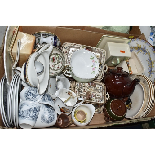 689 - FOUR BOXES OF ASSORTED CERAMICS, to include Dakin, Crescent and Aynsley tea wares, Palmyra dishes wi... 